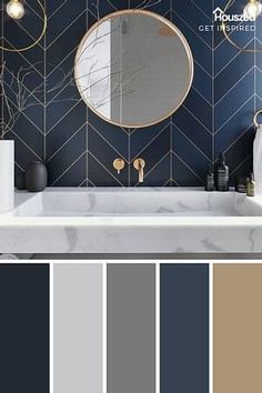 a bathroom with blue walls, gold accents and marble countertops is featured in this color scheme