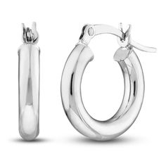 Dynamic 15mm round tubes are polished to a high shine in these classic women's hoop earrings. Fashioned in 14K white gold, the earrings secure in place with hinged backs. Silver Jewelry With Smooth Finish And Round Shape, Classic Polished Huggie Earrings For Formal Occasions, Classic Silver Jewelry With Smooth Finish, Formal Classic Huggie Earrings With Polished Finish, Elegant Round Hinged Huggie Earrings, Elegant Hinged Huggie Earrings, Classic Hinged Huggie Earrings For Formal Occasions, Silver Jewelry With Smooth Finish For Anniversary, Formal Small Hoop Huggie Earrings With Lever Back