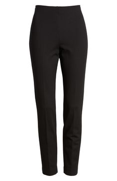 Staple slim-leg work pants are cleanly tailored from a crisp fabric with plenty of stretch to keep you going through marathon days. 68% viscose, 27% nylon, 5% elastane Dry clean Imported Spring Workwear Pants With 5-inch Inseam, Stretch Business Casual Work Trousers, Stretch Trousers For Business Casual, Stretch Work Trousers For Business Casual, Business Casual Mid-rise Stretch Pants, Business Casual Slim Fit Elastane Bottoms, Stretch Mid-rise Pants For Business Casual, Stretch Elastane Work Pants For Business Casual, Business Casual Tapered Leg Elastane Pants