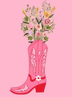 A fun, bright print perfect for dorm rooms or a college house/apartment! Cowgirl Backgrounds Wallpapers, Modern Cowgirl Aesthetic, Cowboy Hat Wallpaper, Pink Cowboy Boots Wallpaper, Cowgirl Boots Painting, Cowgirl Boot Art, Cowgirl Boots Illustration, Jules Core, Cowgirl Boot With Flowers