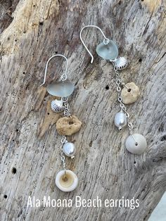 Silver Seashell Earrings, Shell-shaped Sterling Silver Jewelry For Beach, Round Sea Glass Jewelry For Beach, Beach Wire Wrapped Drop Earrings, Round Sea Glass Beach Jewelry, Handmade Coastal Jewelry For Summer, Bohemian Dangle Jewelry For Beach Season, Unique Silver Shell Earrings, Adjustable Sterling Silver Shell-shaped Jewelry