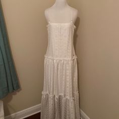 60 Inches Long White Lace Dress With A Nice Slip Underneath Elegant Maxi Dress For Daytime Summer, Elegant Maxi Dress With Lace Trim For Day Out, Elegant Lace Trim Maxi Dress For Day Out, Elegant Tiered Maxi Dress For Vacation, Elegant Sleeveless Maxi Dress For Daytime, Elegant Lace Trim Dress For Daytime, Elegant Daytime Dresses With Lace Trim, Elegant Daytime Lined Dresses, Elegant Lined Maxi Dress For Vacation