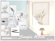 a white room with pictures and flowers on the wall