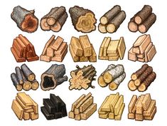 various types of wood are shown in this drawing tool set, including logs and branches