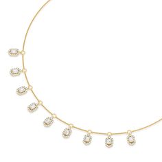 Consider this diamond station necklace an endlessly versatile accessory. It boasts a simple silhouette suitable for daily wear while having the extra flair and sparkle from diamonds. The necklace chain comes adorned with a series of step-cut diamonds set at evenly-spaced "stations" along the length that sits near the collar bone. Each step-cut diamond is held by a six-sided frame of petite round diamonds. This exquisite necklace features five rows adorned with an impressive array of diamonds in Collar Bone, Gorgeous Engagement Ring, Simple Silhouette, Step Cut, Station Necklace, Necklace Chain, Lab Diamonds, Diamond Earrings Studs, High Quality Jewelry