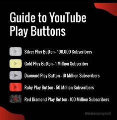 the guide to youtube play buttons is shown in red, black and yellow colors with white text