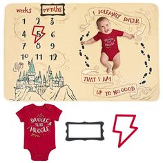 a baby's first birthday gift set includes a photo frame, magnets and an infant's bodysuit