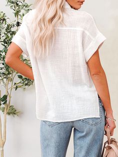 Features: Basic style, Pocketed, Buttoned Sheer: Opaque Stretch: No stretch Material composition: 100% polyester Care instructions: Machine wash cold. Tumble dry low. Imported Product measurements:S:Top Length 25.59 in, Bust 39.37 in, Sleeve Length 10.24 inM:Top Length 25.98 in, Bust 40.94 in, Sleeve Length 10.63 inL:Top Length 26.38 in, Bust 43.31 in, Sleeve Length 11.02 in Plain Tunic, Linen Short, Short Sleeve Pattern, Turndown Collar, Basic Shirts, Collar Top, Loose Tops, Women Shirts Blouse, Collar Blouse