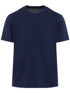 navy blue silk-cotton blend lightweight jersey crew neck short sleeves straight hem