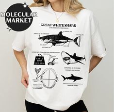 Vintage science design great white shark t-shirt with labels and information about diet and eating. Perfect for marine biology enthusiasts and shark lovers. Ideal for casual wear or as a statement piece. Great gift for birthdays, holidays, and shark week. Product features - Available in sizes S to 4XL for the perfect fit - Double-needle stitching for durability - Garment-dyed fabric for soft color and texture - Made with medium fabric 100% ring-spun US cotton for comfort - Relaxed fit and crew neckline for versatile styling Care instructions - Machine wash: cold (max 30C or 90F) - Do not bleach - Tumble dry: low heat - Iron, steam or dry: low heat - Do not dryclean Science Design, Vintage Science, Shark Lover, Shark T Shirt, Marine Biology, Shark Week, Great White Shark, Great White, Dyed Fabric