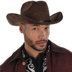 Elegant western wear? Yes indeed with this modern update to the cowboy hat. The faux suede accessory is a rich chocolate brown and has a simple black hatband with buckle detail. It's the perfect finishing touch to your dashing western look. pbDark Brown Faux Suede Modern Western Cowboy Hat product details:-b-p ul liAttached hatband with buckle detail-li liPolyester plastic and metal-li liDoes not include shirt or jacket-li liOne size fits most teens and adults-li -ul Fitted Western Brown Hat Bands, Fitted Brown Western Hat Bands, Brown Felt Hat For Western-themed Fall Events, Brown Western Felt Hat For Ranch, Western Costume Hats And Headpieces For Country Events, Brown Felt Hat For Country Events, Western Brown Hat Bands For Rodeo, Adjustable Western Brown Costume Hats And Headpieces, Western Style Adjustable Brown Costume Hat