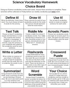 the science vocably homework worksheet for students to practice their writing skills