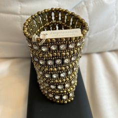 Nwt Stretch Gold Town Cuff Bracelet With Gold Beads And Diamond Crystals Elegant Beaded Metal Stretch Bracelet, Gold Adjustable Wristlet For Party, Adjustable Gold Wristlet For Party, Elegant Gold Adjustable Wristlet, Elegant Gold Wristlet As Gift, Dark Purple Roses, Handmade Bangles, Rhinestone Bracelet, Hinged Bangle