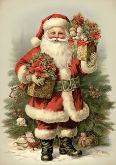 a painting of santa holding presents in his hand