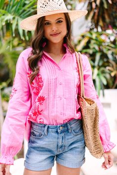 Upgrade your wardrobe with this All About You Hot Pink Embroidered Blouse! Take your outfit up a notch with this perfect warm weather number, crafted from a cotton linen blend and featuring embroidered details in a hot pink hue. Button up and strut your stuff - you're sure to be turning heads! This blouse features long bubble sleeves, a collared neckline, button down front closure, and floral embroidery.  Material has no amount of stretch.Sydney is wearing the small. Boutique Blouses, Cute Blouses For Women, Floral Cocktail Dress, Black Tie Dress, Long Sleeve Outerwear, Mint Julep Boutique, Two Piece Swimwear, Cute Blouses, Embroidered Details