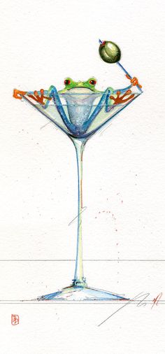 a drawing of a frog sitting on top of a martini glass