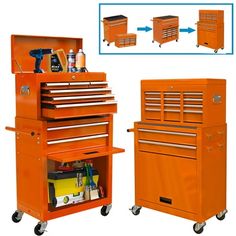 an orange tool cabinet with drawers and tools on wheels next to it is the same color as the image above