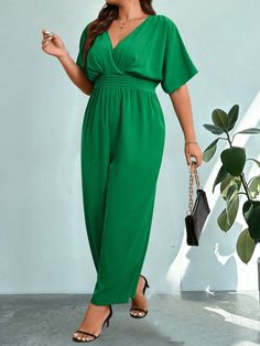 Green Casual Collar Short Sleeve Woven Fabric Plain Other Embellished Non-Stretch  Women Plus Clothing Green V-neck Jumpsuit For Work, Spring Green V-neck Jumpsuits And Rompers, Green V-neck Jumpsuits And Rompers For Spring, Green V-neck Casual Jumpsuits And Rompers, Green Fitted V-neck Jumpsuit, Green V-neck Jumpsuits And Rompers For Summer, Green V-neck Jumpsuit For Summer, V-neck Solid Color Jumpsuits And Rompers For Spring, Solid Color V-neck Jumpsuits And Rompers For Spring