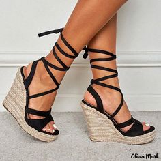 Olivia Mark - Chic Black Suede Lace-Up Wedge Espadrilles with Open Toe and Strappy Ankle Tie Espadrille High Heels With Wrapped Heel, Espadrille Wedge Sandals With Wrapped Heel, Black Lace-up Wedge Sandals For Beach, Espadrille Wedge Heel With Wrapped Heel, Lace-up Espadrille Platform Heels, Black High Heel Espadrilles For Summer, Summer Ankle-high Platform Wedge Sandals, Black High Heel Summer Espadrilles, Lace-up Platform Heels In Espadrille