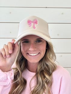 Rock the trends in style with our Coquette Trending Bow Embroidery White Trucker Hat Cap. This adjustable hat is perfect for any fun-loving individual looking to add a touch of quirk to their outfit. Get ready to make a statement with this playful and trendy accessory. adjustable Trendy Pink Bucket Hat, Cream Snapback Hat One Size, Trendy Cream Baseball Cap With Curved Brim, Adjustable Novelty Hats One Size, Cute Spring Snapback Hat, Trendy Baseball Cap One Size Fits Most, Cute Pink Snapback Baseball Cap, Cute Adjustable Snapback Hat For Spring, Trendy Adjustable Short Brim Trucker Hat