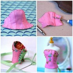 four different pictures of pink corsets with green trimmings and sewing tools