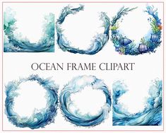 the ocean frame clipart is shown in four different styles and sizes, including blue watercolor