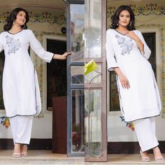 Premium Rayon Embroidered Pant Set 4 Sizes Available - Chest 38, 40, 42, 44 Please Message Your Size Selection Before Buying! White Pant Set With Resham Embroidery For Spring, White Floral Embroidery Pants For Festive Season, Festive White Pants With Floral Embroidery, Fitted White Pant Set With Resham Embroidery, White Bottoms With Resham Embroidery For Spring, Fitted White Pants With Resham Embroidery, White Embroidered Pant Set For Spring, Spring White Embroidered Pant Set, Mimi Dress