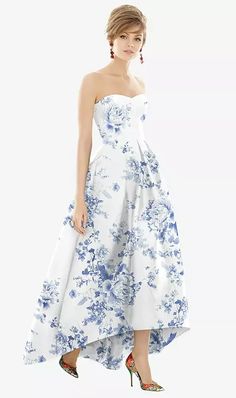 Strapless Floral Satin High Low Bridesmaid Dress With Pockets In Cottage Rose Larkspur | The Dessy Group Floral Junior Bridesmaid Dresses, Floral Bridesmaid Dresses, Cottage Rose, High Low Gown, Evening Dress Collection, Alfred Sung, Floral Bridesmaid, Ball Gown Skirt, Strapless Floral Dress