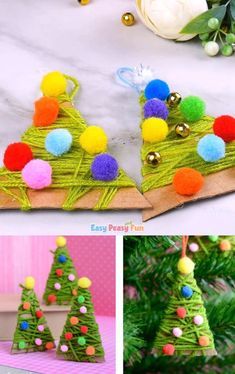 christmas trees made out of yarn and pom - poms are shown in three different pictures