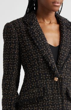 A wool-kissed blazer is shot through with shimmer and cut from fringe-finished tweed. One-button closure Notched lapels Three-quarter sleeves with one-button cuffs Chest welt pockets; front flap pockets Back vent Lined 35% wool, 27% polyester, 6% acrylic Dry clean Imported Luxury Fall Tweed Dress For Office, Luxury Tweed Dress For Fall Office Wear, Luxury Tweed Dress For Office In Fall, Luxury Tweed Blazer For Office, Luxury Tweed Office Blazer, Chic Tweed Blazer For Evening, Evening Tweed Jacket, Luxury Tweed Jacket For Fall Parties, Chic Tweed Blazer For Parties