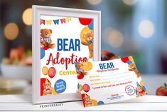 a teddy bear themed children's birthday party card and envelope with the word bear adoption on it