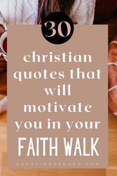 a woman sitting at a table with her hands in her pockets and the words 30 christian quotes