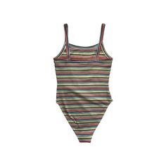 Knit rib bodysuit with thick straps in a multi-stripe print. Perfect for layering! Fabric: 96% Polyester, 4% Spandex Made in: USA Size Bust Waist Hips XS 32 24 - 25 33 - 34 S 34 - 35 26 - 27 35 - 36 M 36 - 37 28 - 29 38 - 40 L 38 - 39 30 - 31 42 - 44 Casual Ribbed Swimwear, Striped Sleeveless Summer Bodysuit, Striped One-piece Bodysuit For Summer, Trendy Striped Fitted Bodysuit, Playful Multicolor Cotton Bodysuit, Fitted Striped Tank Top, Striped Fitted Tank Top With Tank Straps, Striped Stretch One-piece Bodysuit, Ribbed Knit Bodysuit