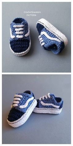 crocheted baby shoes with white and blue laces on the top, bottom and bottom