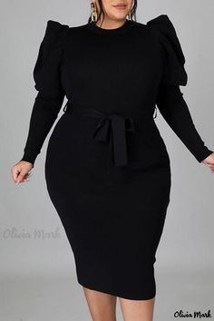 Olivia Mark - Blue Casual Style Solid Color Long Sleeve O Neck Dresses with Belt Accent for Plus Size Women Plus Size Graduation, Casual Prom Dresses, Hubble Bubble, Purple Fashion Casual, Style Bleu, Plus Size Belts, Prom Midi Dress, Burgundy Fashion, Long Bodycon Dress