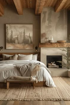 a bedroom with a bed, fireplace and painting on the wall