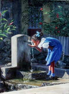 a painting of a girl drinking water from a fountain