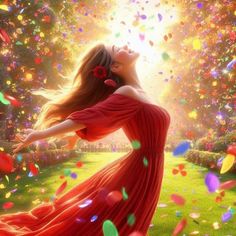 a woman in a red dress is surrounded by confetti