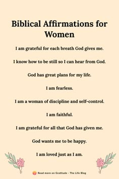 a poem with the words biblical affirmitions for women on it and flowers