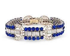 The chic sophistication and glamour of the Art Deco period comes alive in this breathtaking sapphire and diamond bracelet. An impressive 25.00 combined carats of royal blue cabochon sapphires join dozens of sparkling white diamonds totaling 9.45 carats. Crafted of platinum, its eye-catching, geometric setting completes this incredible design.Circa 19307 1/4" length Edwardian Jewelry, Designer Bracelets, Art Deco Bracelet, Antique Bracelets, Jewelry For Sale, Expensive Jewelry, Sapphire Bracelet, Royal Jewelry, Deco Jewelry