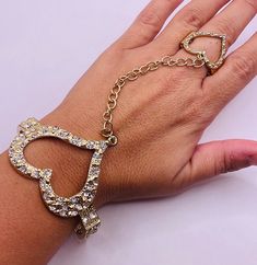 Vintage Gold Tone Rhinestone Heart Bracelet and Attached Ring Set In excellent condition  Adjustable Size  #1497 Adjustable Cubic Zirconia Heart Bracelet For Party, Adjustable Crystal Heart Bracelet For Party, Gold Heart Bracelet For Party, Heart-shaped Rhinestone Bracelets For Party, Adjustable Double Heart Jewelry For Party, Heart-shaped Rhinestone Party Bracelets, Heart Shaped Rhinestone Bracelet For Parties, Gold Heart-shaped Crystal Bracelets, Gold Crystal Heart Bracelets