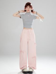 Elevate your kawaii wardrobe with these charming high-waist pink bowknots wide-leg cargo pants. The high waist design and adorable bowknot details add a touch of Lolita fashion to your look. Made with quality material, these wide-leg pants are comfortable and stylish, perfect for creating a sweet and elegant outfit.   Please note that this product includes only one pair of pants.   Garment Size   	 		 			Size 			S 			M 			L 			XL 		 		 			Full Length 			102 			104 			106 			108 		 		 			Waist Cheap High Waist Pink Parachute Pants, Cheap Pink High Waist Parachute Pants, Cheap Pink Casual Cargo Pants, Affordable Pink Casual Cargo Pants, Cheap Pink Cargo Pants For Spring, Cheap Pink Cotton Wide Leg Pants, Cheap Trendy Pink Parachute Pants, Cheap Pink Pants With Side Pockets, Cheap Trendy Pink Pants