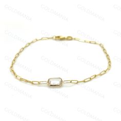 "All Our Bracelets Are Made Of REAL 14K GOLD 14K Yellow Gold White Topaz Paperclip Link Chain Bracelet with Lobster Clasp, 7\" Inch, Real Gold Bracelet, Birthstone Bracelet, Women Shop our 14K Bracelets https://www.etsy.com/shop/GOLDMANIA?ref=seller-platform-mcnav§ion_id=26925987 Shop On Sale items https://www.etsy.com/shop/GOLDMANIA?ref=seller-platform-mcnav§ion_id=1 Metal: 14K Yellow Gold   Width: 1.5 MM  Length: 7 IN  Closure: Lobster claw Gemstone type: White Topaz Gemstone shape: Baguette G Gold Gemstone Chain Bracelet In 14k Gold, Gold Jewelry With Gemstone In Rectangular Links, Gold Cubic Zirconia Bracelet With Gemstone, White Rectangular Links Jewelry For Gift, Formal Gold Gemstone Chain Bracelet, White Rectangular Link Jewelry Gift, Fine Jewelry Gold Chain Bracelet With Gemstone, Gift White Chain Bracelet With Solid Link Construction, White Chain Bracelet With Solid Links As Gift