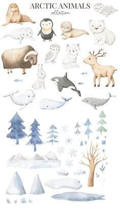 the arctic animals are depicted in this watercolor painting