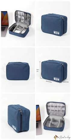 four different views of the inside of a blue case with multiple compartments and zippers