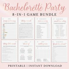 the bachelor party game bundle is shown in pink and white with gold lettering on it