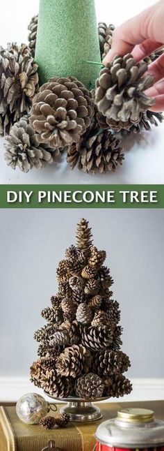 pinecone tree made out of cans and cones with text overlay that says diy pinecone tree