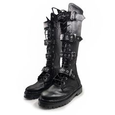 Our gloomy boots are a high quality 100% handmade product. Every single eyelet it's hand placed. This style is sewn and glued to the sole.  You can buy them with or without the straps and the color it's customizable. Gothic Lace-up Boots For Concert, Gothic Knee-high Boots With Round Toe For Concert, Gothic Round Toe Knee-high Boots For Concerts, Gothic Lace-up Combat Boots For Streetwear, Gothic Knee-high Boots For Fall Alternative Fashion, Gothic Knee-high Moto Boots For Fall, Black Steampunk Moto Boots With Rivets, Gothic Knee-high Combat Boots For Winter, Gothic Lace-up Boots With Round Toe For Alternative Fashion