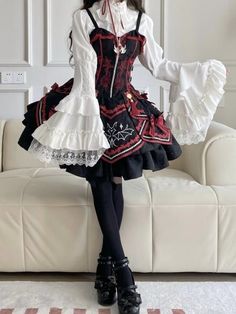 Sleeves With Ruffles, Woman Cute Outfits, Long Flared Sleeves, Random Clothes Outfit, Outfits For Villains, Big Skirts Outfit, Kawaii Gothic Aesthetic, Character Outfits Halloween, Devilinspired Outfit