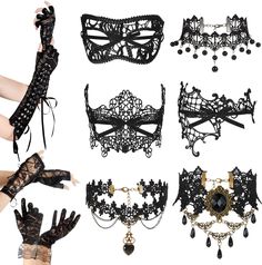 PRICES MAY VARY. A Nice Combination: you will get 9 pieces of lady masquerade costumes in the package in total, including 3 fingerless lace gloves, 3 pieces of black masquerade masks for women and 3 pieces of black necklaces, sufficient quantities and various styles can meet your wearing needs and replacement easily Comfortable and Reliable: these ladies short gloves and necklaces are mainly made of quality lace material, which feel soft and comfortable, will not bring too much pressure to your Gothic Masquerade Mask For Halloween Evening, Gothic Black Masquerade Mask For Halloween, Gothic Eye Mask For Masquerade Costume Party, Black Masquerade Mask Costume Accessories, Black Lace Mask Masquerade, Halloween Party Accessories, Black Masquerade Mask, Lace Masquerade Masks, Costume Necklaces